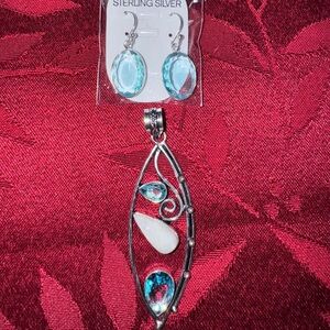 Sterling Silver 925 Blue Topaz Pendant and Earring Set